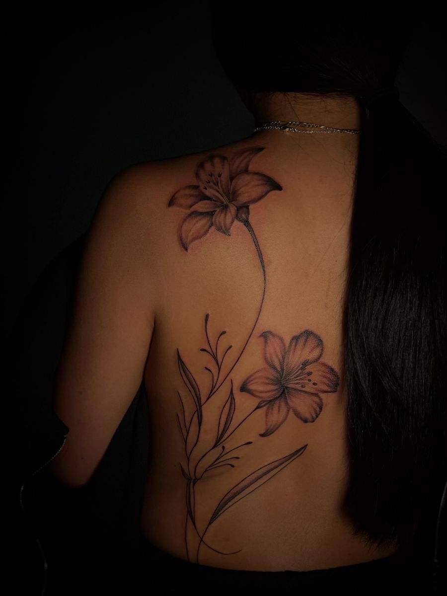 Black & grey floral back piece by Joel Andrade