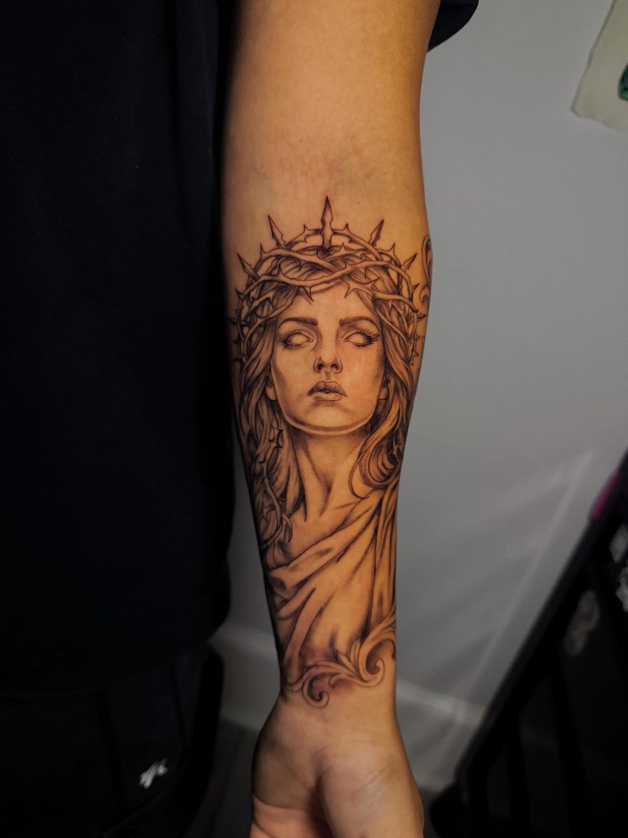 Black & grey realism forearm piece by Kristiana
